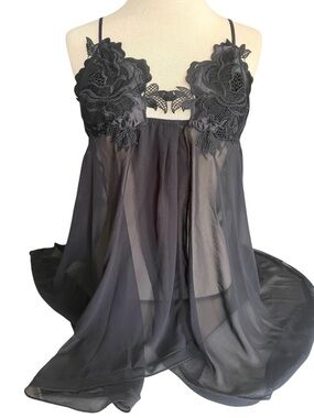 Lace Applique Sheer Black Babydoll Chemise